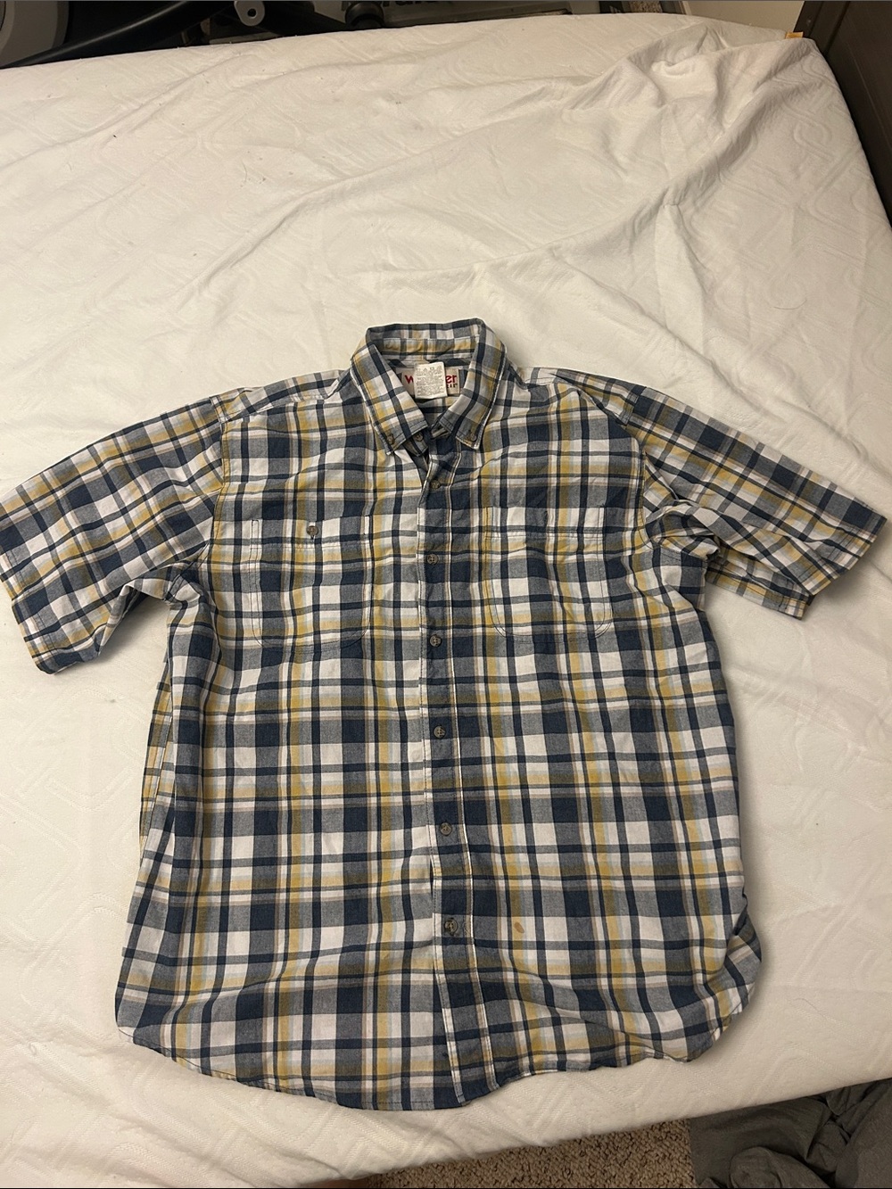 Wrangler Plaid Short-Sleeve Button-Down Shirt - Navy, White & Yellow
